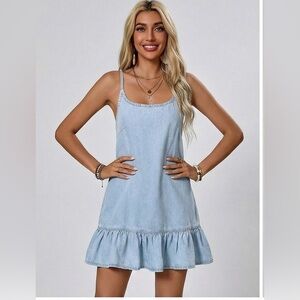 LAST ONE 🔥 Boho Chic Light Blue Denim Mini Dress with Ruffled Hem